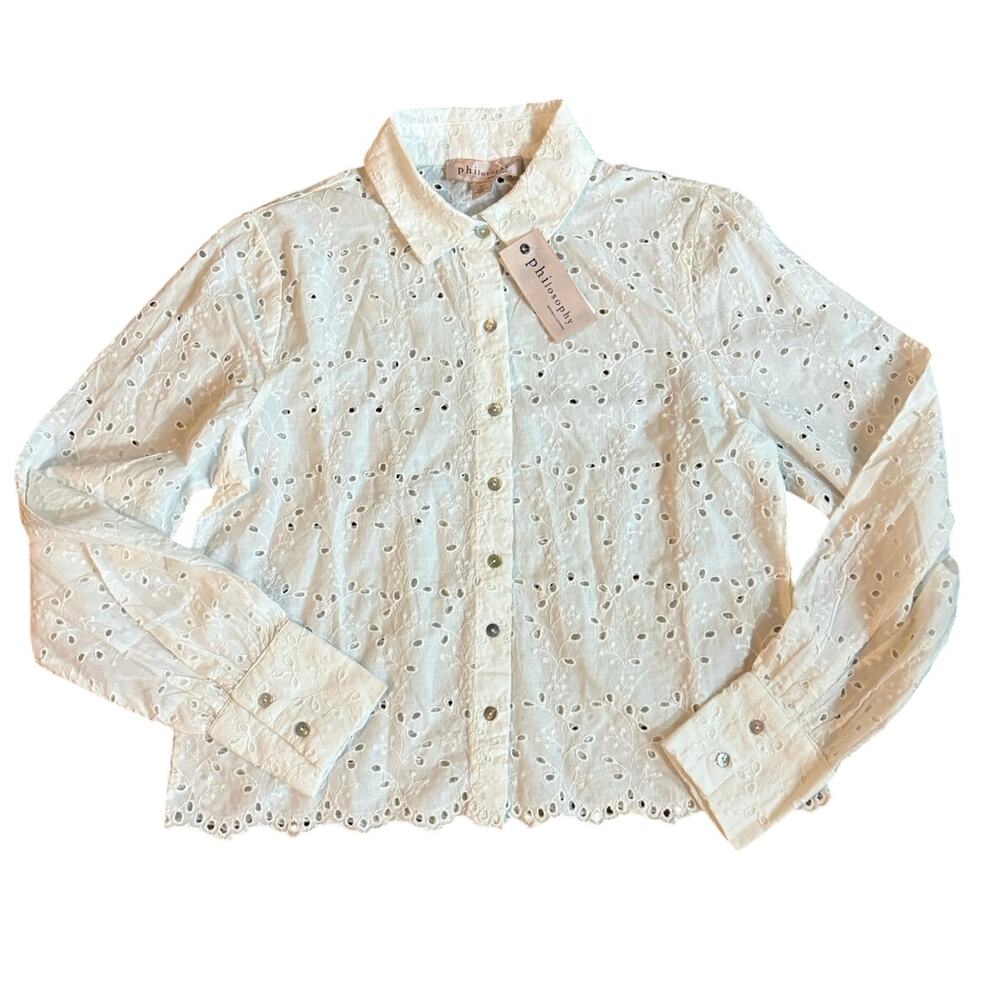 Philosophy White Eyelet Long Sleeve Button Down Blouse Womens Small 100% Cotton